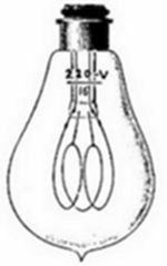 A 220-volt
incandescent light bulb — a pear-shaped glass envelope with a looped
filament inside and a bayonet cap base — a later standardised lamp
design.
