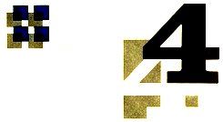A graphic composition featuring a small blue and gold geometric square logo in the top left, and a large, bold black numeral '4' on the right, partially overlapping a series of gold-textured square shapes.