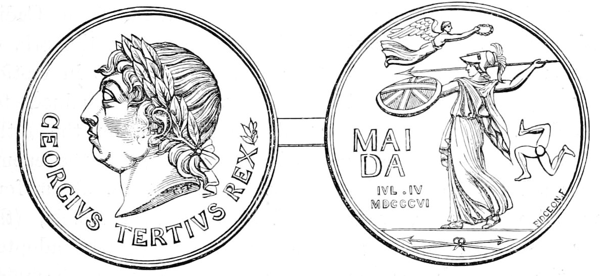 Illustration of a commemorative medal with two circular sides connected side-by-side. Left side shows a profile portrait of King George III wearing a laurel wreath, labeled “Georgivs Tertivs Rex.” Right side depicts the goddess Britannia with spear and shield, accompanied by a winged figure holding a wreath, with the inscription “Mai Da IV MDCCCVI” and a fallen enemy figure below.