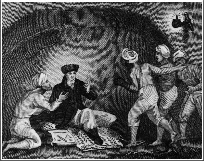 Belzoni resting in the cave, attended by some of his arab workers