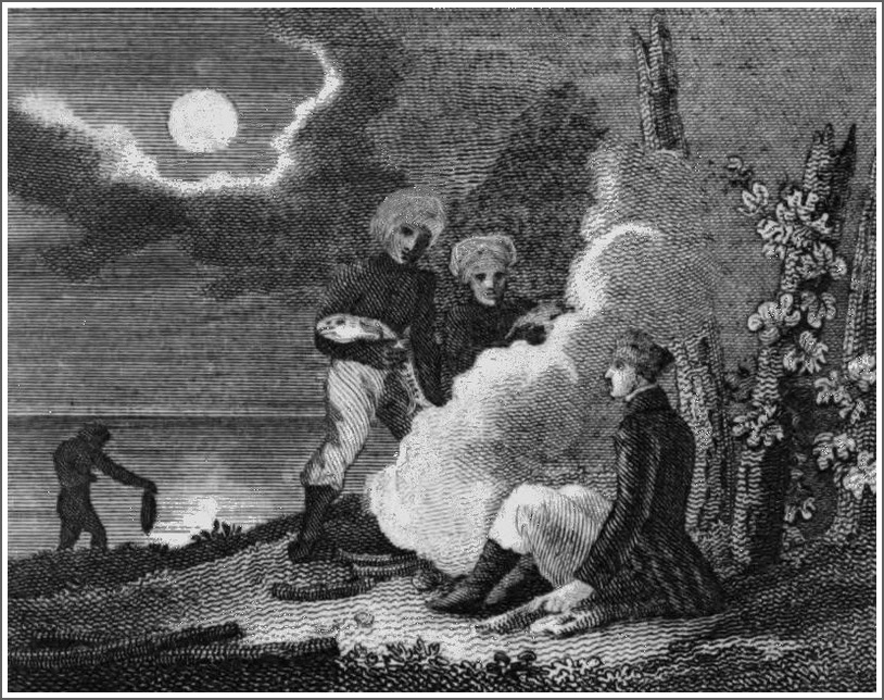 Belzoni seated by the campfire in the moonlight, attended by fishermen