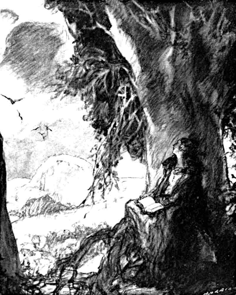 Drawing of a woman leaning
against a large tree.  She looks into the distance, with a book open
in her lap.