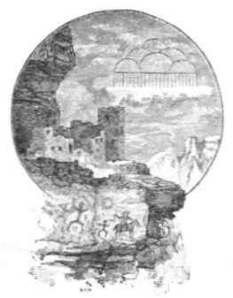 Engraving of mesa dwellings, with Petroglyphs in forground.