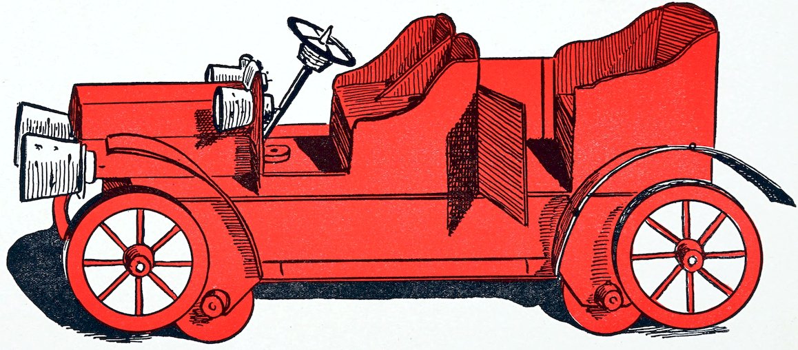 A vintage, stylized line illustration of an early 20th-century open-touring automobile. The body of the car, including its large spoked wheels and high-backed seats, is colored entirely in a bright, solid red block print, accented with bold black ink outlines and cross-hatched shading. One of the side doors is shown slightly open, and a simple steering wheel extends from the dashboard.