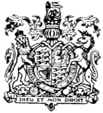A detailed vintage woodcut of the British Royal Coat of Arms. A crowned lion on the left and a chained unicorn on the right support a circular shield enclosed by the Order of the Garter. A full crest with helmet, mantle, and small crowned lion sits on top, with the motto &#39;DIEU ET MON DROIT&#39; on a banner below.