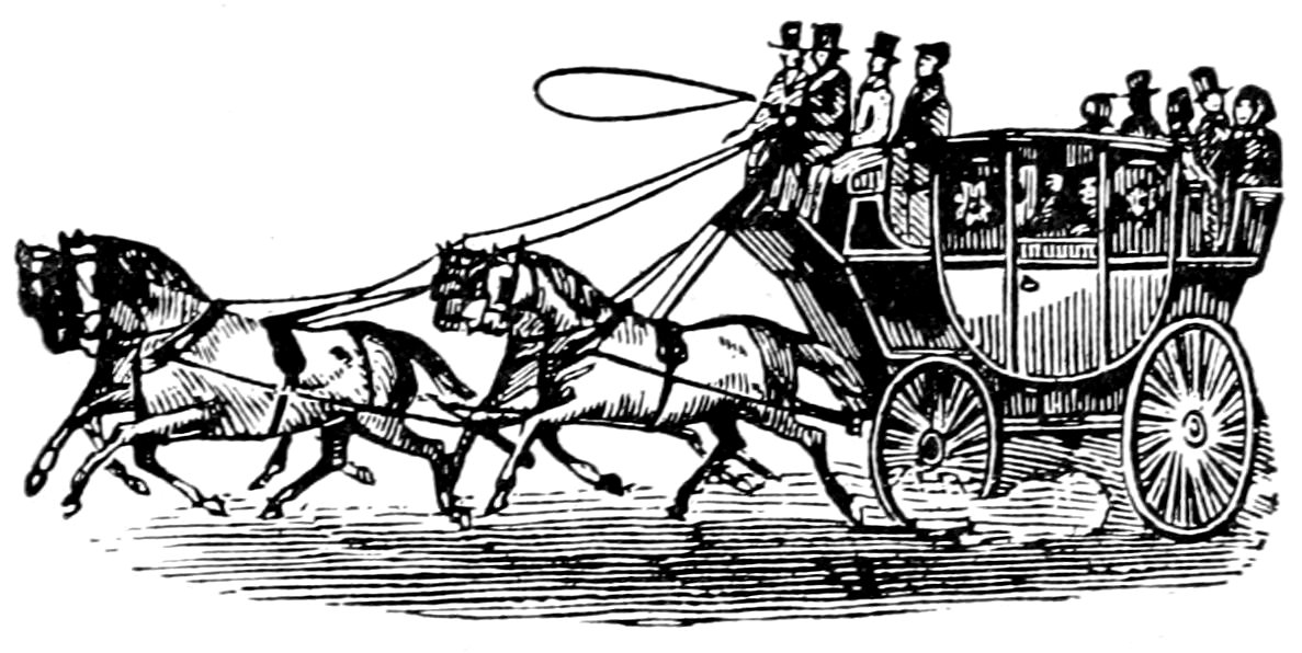 A vintage, stylized silhouette illustration of a horse-drawn mail coach. Several passengers sit atop the roof while a driver holds a long whip, a guard sits at the rear, and a figure stands at the front holding the leading horses.