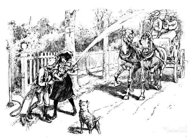 Two girls spray carriage with garden hose