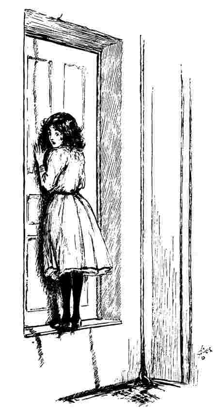 Betty hides behind a door