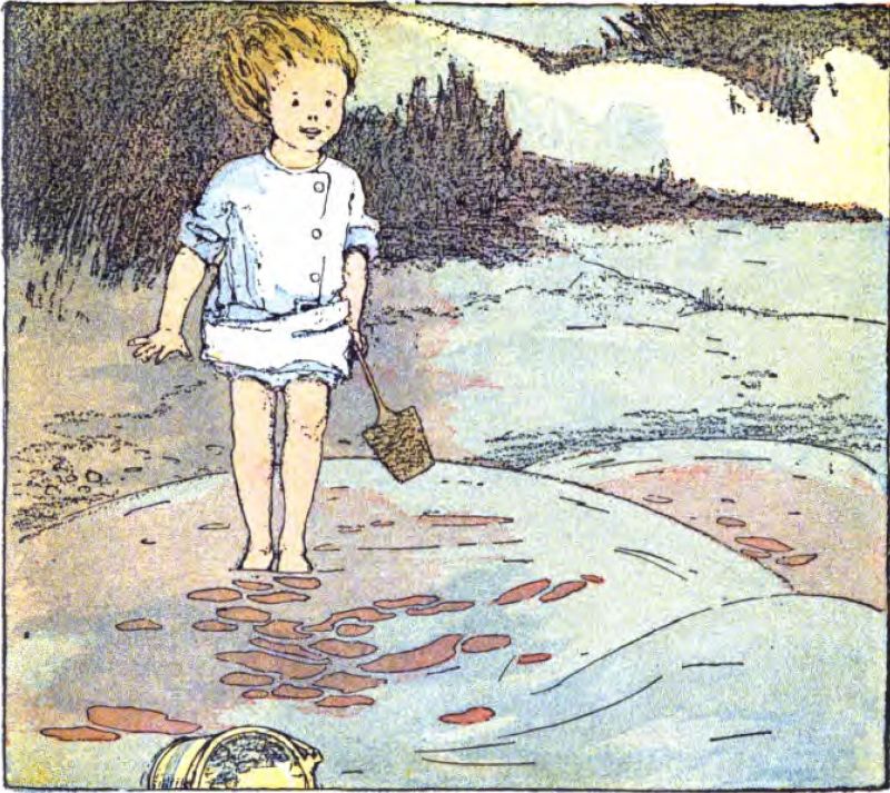 A young child with blond
hair stands on wet sand near the water. The child holds a small
wooden shovel. The child wears a light blue short-sleeved smock over
white shorts or undergarments. In front are small shallow puddles
with reddish water. Sand dunes and green shrubs fill the background.
At the bottom, part of a bucket lies on its side.
