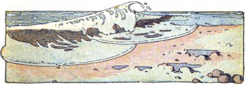 A wave crashes onto the
beach. In front of the wave lie sand, two pools of water, and some
rock.