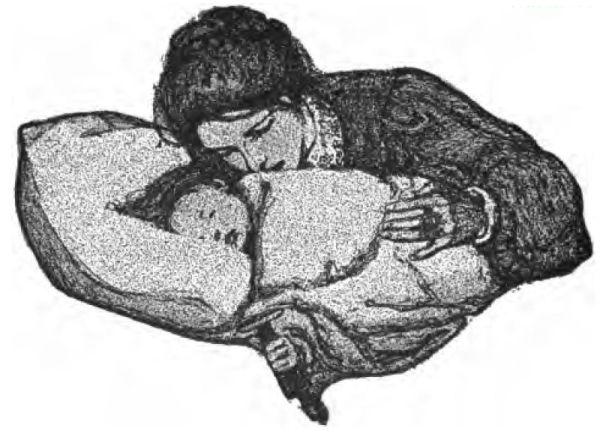 This is a black-and-white
illustration of a woman leaning over a bed, hugging a sleeping child.
Both the woman and the child face the viewer. The woman is
dressed in a dark patterned garment with a lace collar.