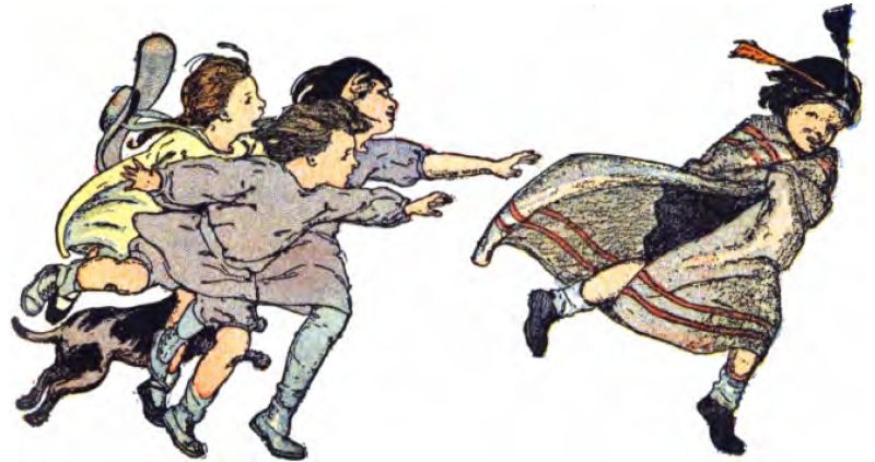 This illustration shows
several children and a small dark dog chase another child. The child
being chased looks back over her shoulder. She wears a Native
American-style headdress with two upright feathers and a grey blanket or
cloak with red stripes. The children chasing her reach out toward
her. One wears a long-sleeved purple dress and high-top socks. Another
wears a short-sleeved blue dress. Another wears a yellow dress with a
brimmed sun hat that is flying off.