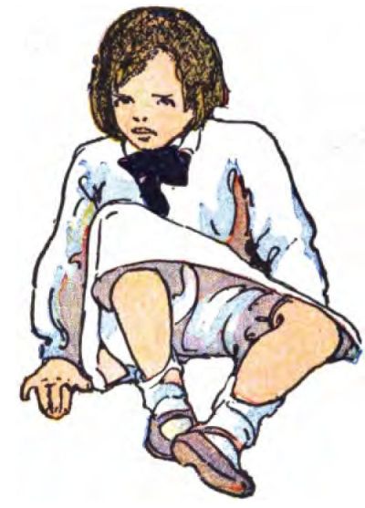 A child sits on the ground,
looking slightly downward ahead. The child has short brown hair and
wears a long-sleeved collared shirt in light blue or white with a large
black bow at the neck. They wear light-colored shorts or a skirt,
along with white socks and Mary Jane shoes.