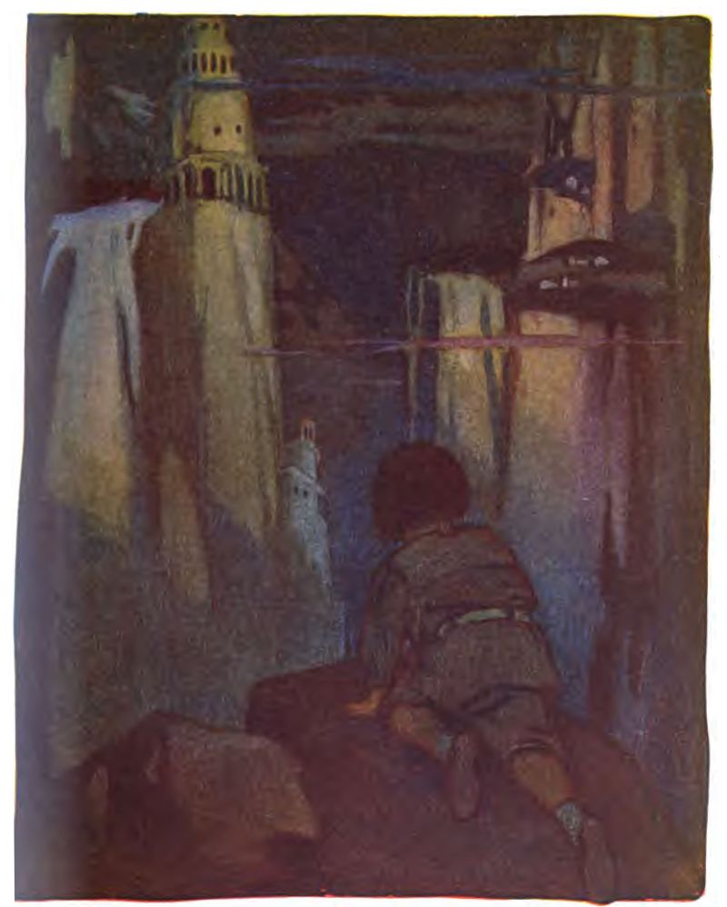 A child with short brown
hair, wearing a brown tunic, socks, and shoes, kneels and looks toward a
surreal dreamlike cityscape at night. On the left, a tall round
white tower looks like a castle turret with small arched openings. In
center-left midground, a smaller, ghostly white turret sits lower down.