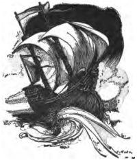 This black-and-white
drawing shows a wooden ship caught in a storm, tilting on rough seas.
Its white sails billow in the wind and waves fill the foreground, while a
dark, cloud-like shape looms in the background.