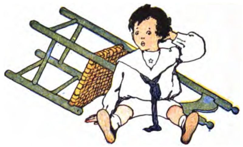 A boy sits on the floor
beside a green wooden chair tipped over. He rubs the back of his
head with his left hand. His mouth forms a wide O of surprise or dismay.
He is dressed in a white sailor-style suit with a long-sleeved top, a wide
collar, a dark necktie, matching white shorts, white ankle socks, and
shoes.