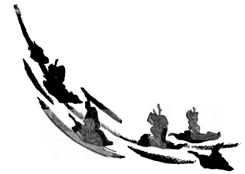 This simple black-and-white
illustration shows small, stylized figures or vessels moving along a curved path.