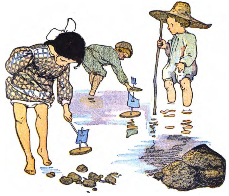 The image shows three
young children playing barefoot in a shallow pool of water against a
plain white background. On the left, a girl with a white bow in her dark
hair wears a patterned tunic. She leans forward and uses a stick to guide
a small boat with a blue sail. In the center, a boy in a green tunic and
cap bends over the water to adjust a wooden boat with a light-blue sail.
On the right, another boy stands upright in a light-colored tunic and an
oversized straw hat. He holds a long walking stick and watches the others.
The children sail simple homemade toy boats made from flat pieces
of wood, twig masts, and small paper or cloth sails. In the bottom right
corner, a cluster of smooth grey river rocks sits, with a few smaller
pebbles scattered near the girl's feet.