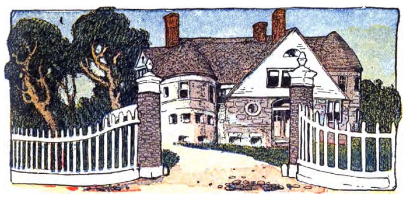 The picture shows a large
house behind a white curved picket fence that opens in the center,
revealing a driveway flanked by two brick
pillars topped with decorative white stone caps. The house has several
stories and appears made of light-colored stone or brick. On the
left is a curved circular section of the house. Red chimneys rise
above the roof. Large green trees stand on the left. A blue sky
stretches overhead.