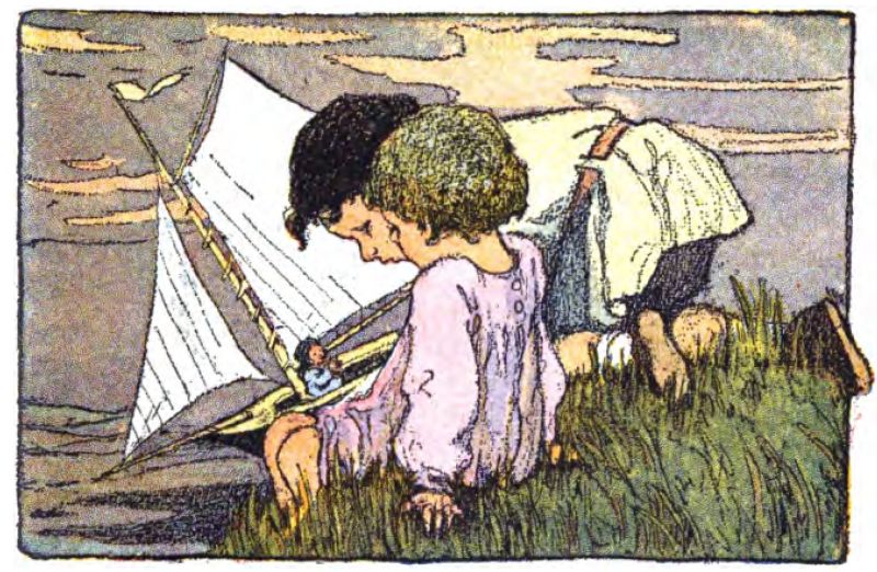This illustration matches
the one on the book cover. Two children sit on a bank by the water. The
blond child, dressed in a white tunic, rests his hands on the grass.
The other child, with dark hair and wearing blue, is either placing a toy boat in the water or pulling it out. Both children watch the boat, which has white sails and a red flag.