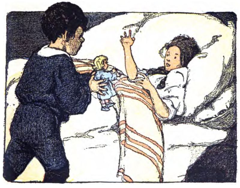 This color illustration
shows a boy standing beside a girl lying in bed. The boy is dressed
in a dark suit with a white collar and holds a blond-haired doll wearing a blue
dress. He shows the doll to the girl. The girl has brown braided hair
and wears a white nightgown. Her bed has large white pillows and a blanket
with orange or pink stripes. She lifts her left hand to reach toward the
doll.