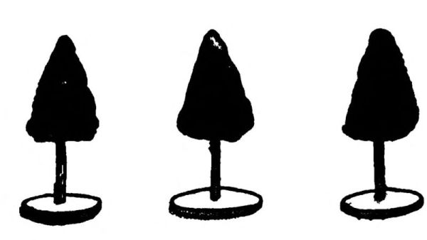 The illustration shows
three identical toy trees in a row. Each tree has a solid black,
cone-shaped top like a pine tree, a thick black trunk, and a flat oval
tree stand at the base.