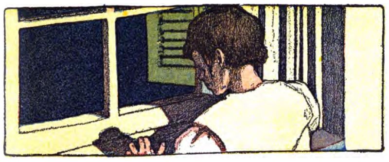 The image shows a child
standing at a window, facing outside with their back to us. The child has
short brown hair and wears a plain, light or white short-sleeve shirt.
The window has a thick light wooden frame with several glass panes. It is
dark outside. A green shutter with horizontal slats is visible on the
right. Inside, the room is brightly lit.