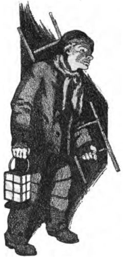 The black-and-white image
shows a lamplighter holding a short ladder in his left hand and
traditional four-sided glass lantern in his right hand. He is dressed for
winter in a thick coat, trousers, sturdy boots, and a scarf or cloth
wrapped around his neck.