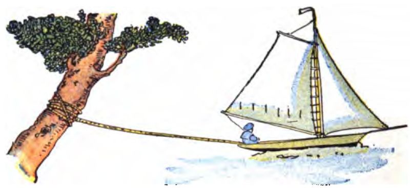 The illustration shows a
sailboat tied to a tree on the shore. The tree has green leaves at the top, and a rope is wrapped around its trunk several times. The sailboat floats
on blue water, with a large white mainsail and a smaller triangular jib
sail. A small figure sits at the back of the boat.