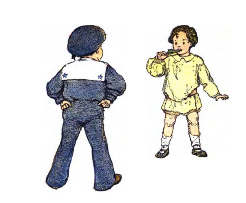 This color illustration
shows two young boys. The boy on the left stands with his back to the viewer and his hands on his hips. He wears a dark blue sailor suit with flared trousers and a matching cap. Two blue stars are on the back of his large white collar.
viewer and his hands on his hips. He wears a dark blue sailor suit with
flared trousers and a matching cap, and there are two blue stars on the
The boy on the right faces forward. He has short, dark curly hair and wears a light yellow tunic or smock with a rounded collar, matching shorts, white socks, and dark shoes. He puts a green leaf in his mouth with his right hand.