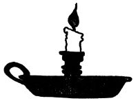 The black-and-white image
shows a lit candle in a traditional chamberstick holder. The candlestick
is short and unevenly melted, standing upright. At the top, a small
teardrop-shaped flame flickers. The base is a flat, shallow pan to
catch dripping wax. On the left, a simple curved loop forms the
handle. In the center, a small tiered cylindrical column holds the candle
in place.