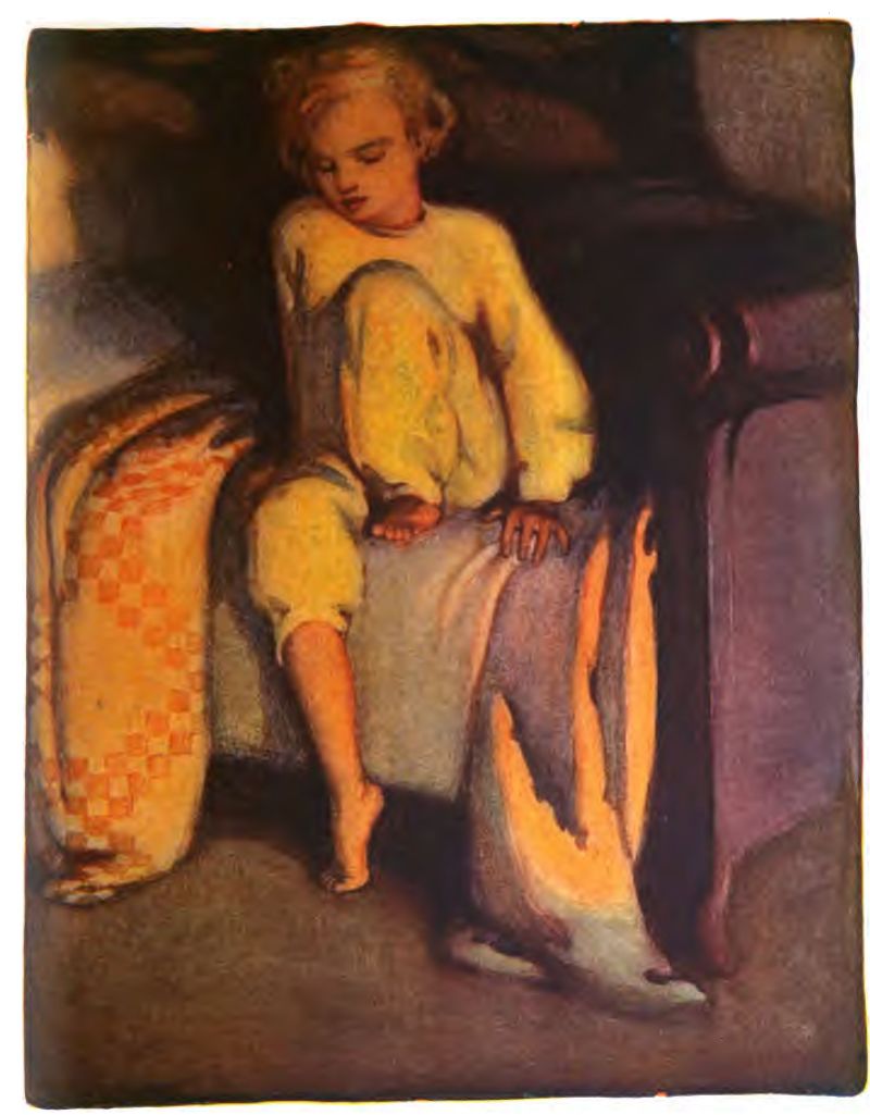 A young child with short
blonde hair sits on the edge of the bed wearing yellow pajamas and keeping
their head lowered with eyes closed or looking down. Barefoot, one leg hangs
toward the floor while the other is pulled close. One hand rests on the
bed. On the left, an orange and cream checkered blanket drapes over
the bed.