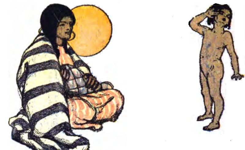The image features two
people. On the left, an Indigenous woman sits cross-legged on the ground.
She wears a large black-and-white blanket with horizontal stripes over an orange-and-white striped dress. Her long black hair falls down her back.
She has large hoop earrings. A big sun appears behind her head. On the right, a young child stands without clothes and raises their right hand to block the sunlight.
