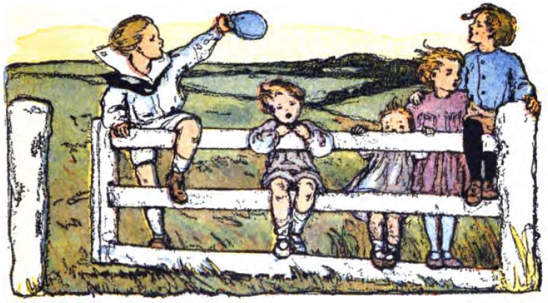 Five children are playing
around a wooden country fence with grass beneath their feet. From left to right:
right: A boy in a white sailor-style outfit sits high on the left fence
post, raising a blue cap in his left hand. Next, a young child in a grey
outfit balances on the middle rail, looking straight ahead. A small toddler
peeks out between the wooden slats, holding the top rail. A girl in a
purple dress stands by the fence with her arm around the boy next to her.
Finally, a boy in a blue jacket sits on the right fence post, looking back
at the boy on the left. Behind them is an open green field under a
pale sky.