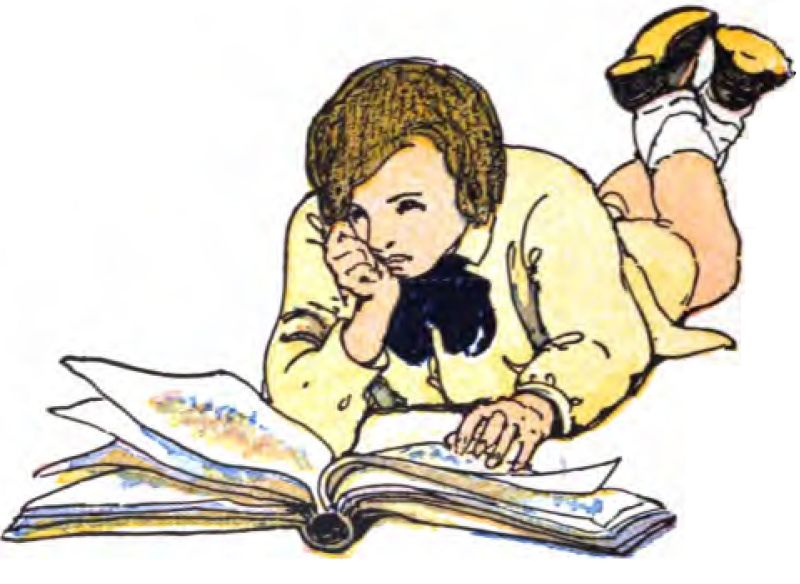 A young boy with wavy
brown hair lies on his stomach, reading a book. He wears a pale yellow
long-sleeved shirt with a dark blue or black bow at the collar. His legs
are bent at the knees and kicked up behind him, showing white socks and
dark shoes with yellow soles. He rests his chin on his right hand, while
his left hand rests flat on the open book. The book is large and thick, lying in front of him. The pages are turning, and you can see faint,
colorful hints of illustrations or text on them.