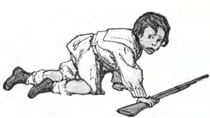 In this black-and-white
photo, a young child crawls from left to right on the ground. His dark
hair is messy. He wears a light sailor-style suit with a square collar
and dark lace-up boots. He looks at the viewer with a worried expression. In his
left hand, he holds a long toy rifle or musket resting flat on the floor
in front of him.