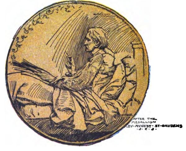 Robert Louis Stevenson is shown in profile, facing left. He appears slender, with
shoulder-length hair, and sits upright in bed, supported by large fluffy
pillows. He holds a pen in his right hand, while
papers or a manuscript rest on his lap. The scene is framed by a round
medal-like border with a decorative vine pattern in the upper-left part
of the rim. In the bottom right corner, hand-lettered text reads: AFTER
THE MEDALLION BY AVGVST ST-GAVDENS J. C. J.