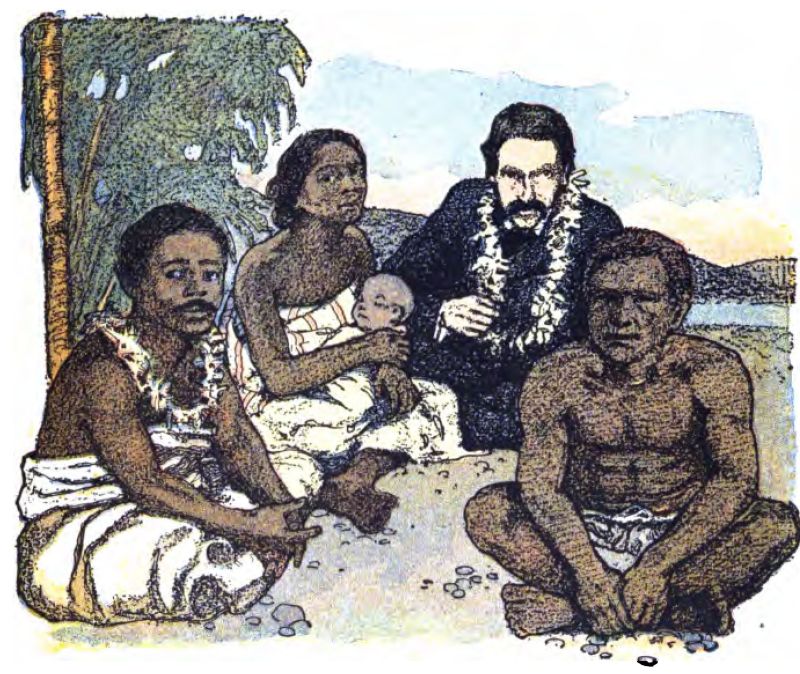 The illustration shows a
European man, Robert Louis Stevenson, sitting outside with an Indigenous
family in a setting that looks like a Pacific island. He has a beard, wears
a dark suit, and sits in the background with a white floral lei or garland
around his neck. In the foreground, three adults and a baby sit cross-legged on the ground.
On the left, a man wears a patterned wrap and a small floral lei.
In the center, a woman holds a sleeping baby wrapped in cloth.
On the right, a man sits wearing a loincloth.