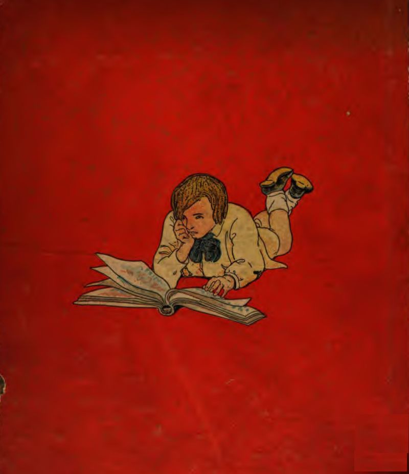 This back cover of the book is the same image as
on Page 74. A young boy with wavy brown hair lies on his stomach, reading a
book. He wears a pale yellow long-sleeved shirt with a dark blue or black
bow at the collar. His legs are bent at the knees and kicked up behind him. He wears white socks and dark shoes with yellow soles. He rests his chin on
his right hand, while his left hand is flat on the open book. The book is
large and thick, open in front of him. The pages turn, showing faint, colorful hints of illustrations or text. The background is red.
