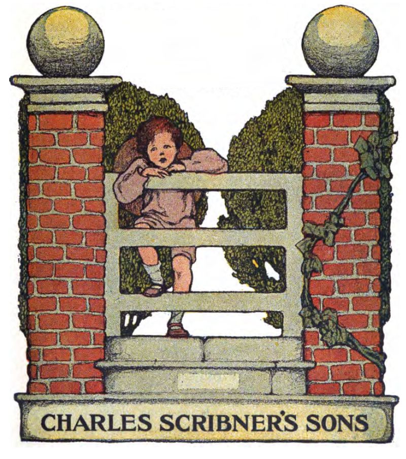 In the illustration, a
brown-haired boy is climbing a wooden fence that stands between two red
brick pillars. Each pillar has a large stone globe on top. A green vine
grows from the top of the pillar on the right. Behind the gates, there are
green hedges. The boy has a hat hanging behind his head.