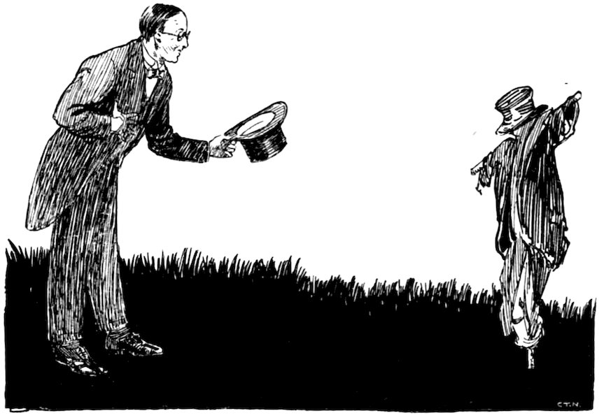 Black and white illustration of a man tipping his top hat to a scarecrow in a grassy field.