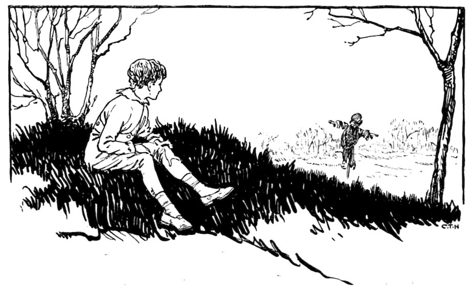 Black and white illustration of a boy sitting on a grassy mound, looking across a landscape toward a distant scarecrow.