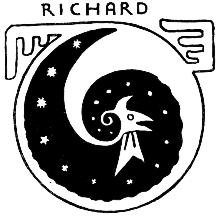 Black and white circular illustration featuring the name "RICHARD" at the top, enclosing a dark crescent moon dotted with small stars and featuring a bird-like head facing right.