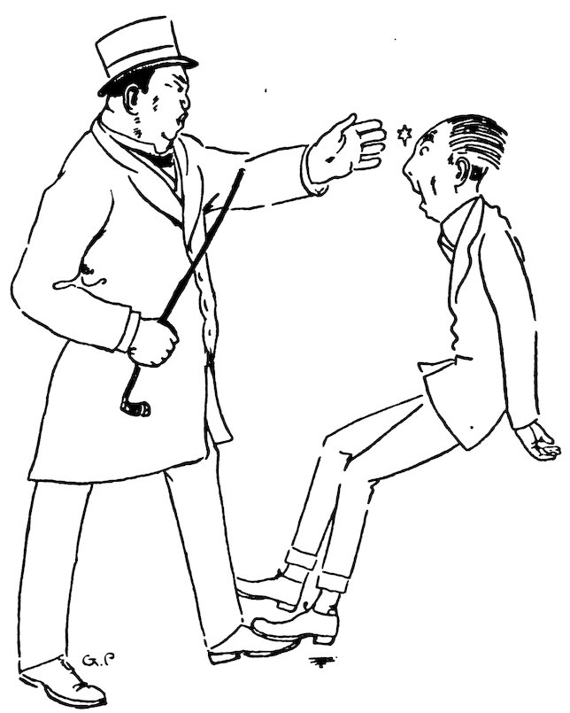 Black and white illustration of a stout man in a top hat holding a cane and gesturing forward as another man recoils in surprise or gets hit.