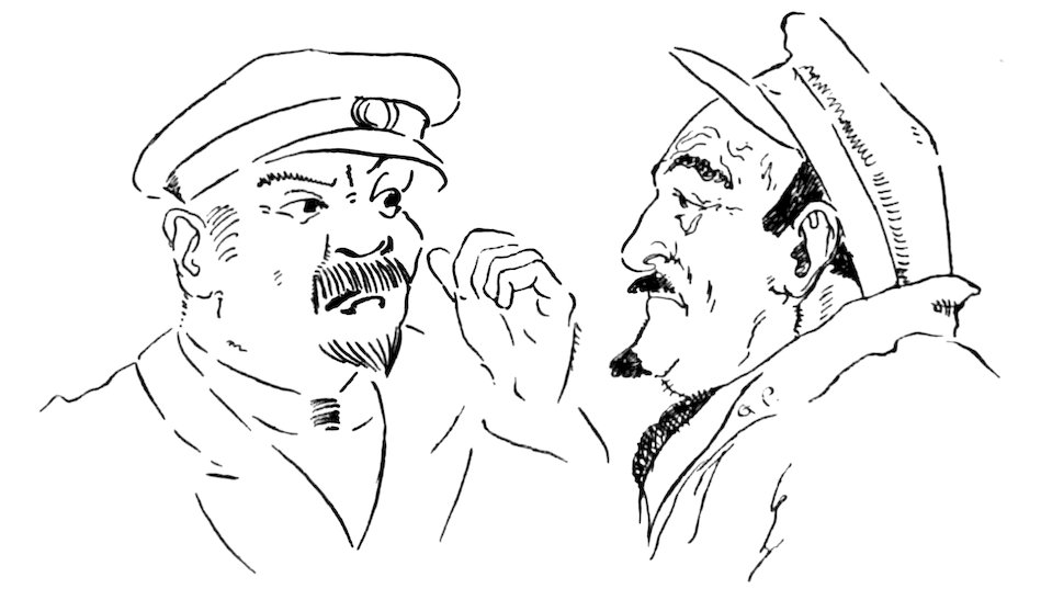 Black and white illustration of two men in caps facing each other, with one gesturing near his cheek.