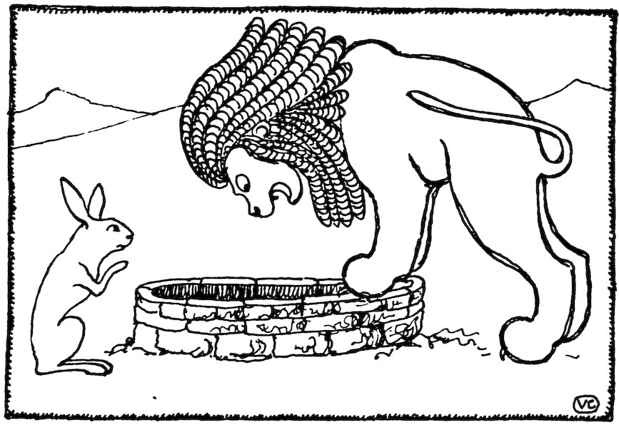 Black and white illustration of a lion with a stylized, patterned mane looking down into a stone well while a hare sits nearby, gesturing toward it.
