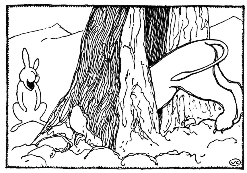 Black and white illustration of a hare laughing joyfully while sitting near a large tree trunk, as a lioness dives headfirst into a hollow in the tree.