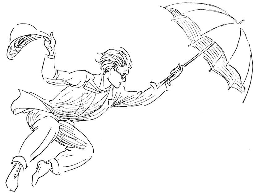 Black and white illustration of a man wearing glasses being blown through the air by strong wind, holding an umbrella in one hand and losing his hat with the other.