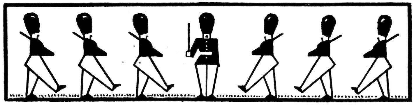 Black and white illustration of a row of marching soldiers in silhouette style, with a central officer or leader standing facing forward and holding a sword.