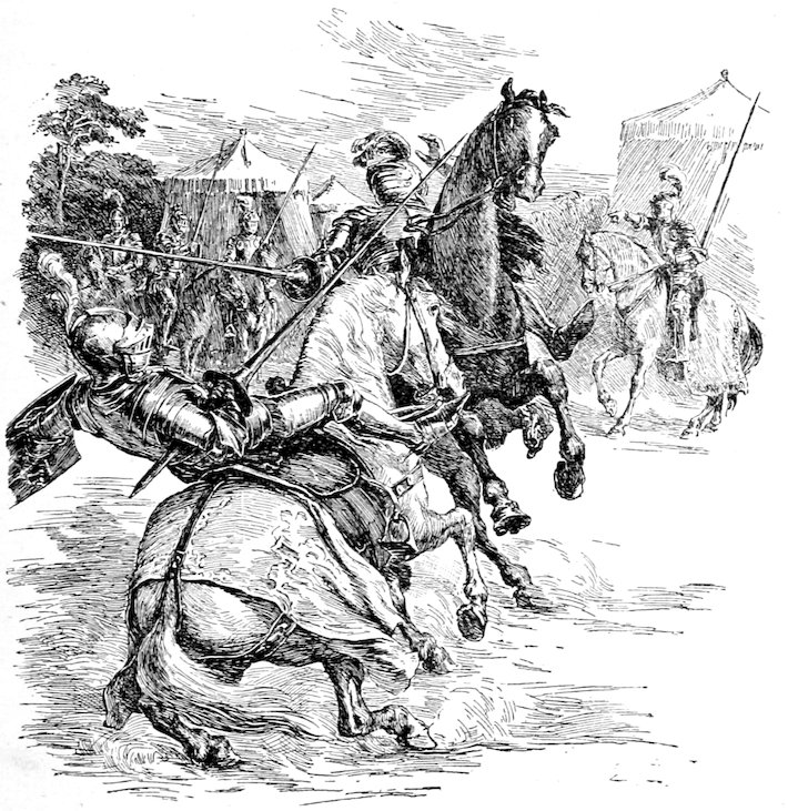 Knights on horseback jousting or fighting with spears and swords near a camp with tents.